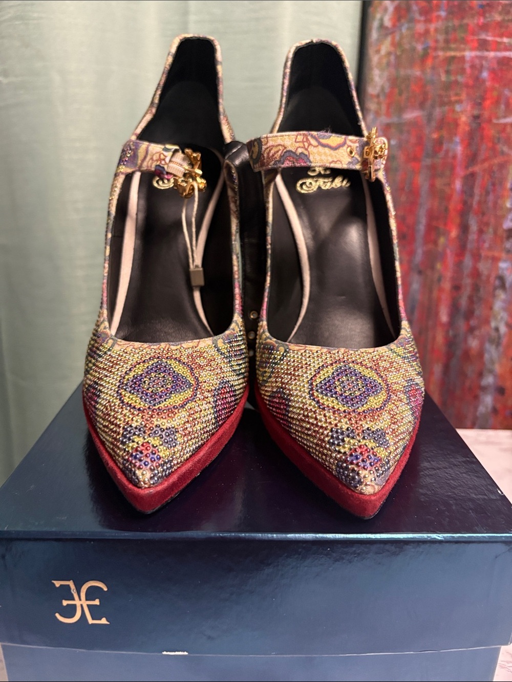 Fabi Multicolor Jeweled Pointed-Toe Mary Jane Heels - Picture 5 of 8